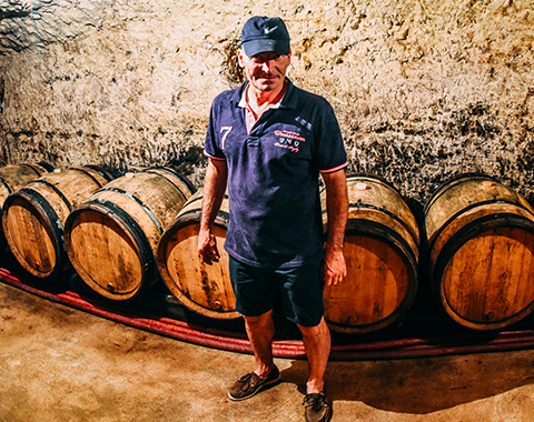 Le vigneron Olivier Carême dans sa cave